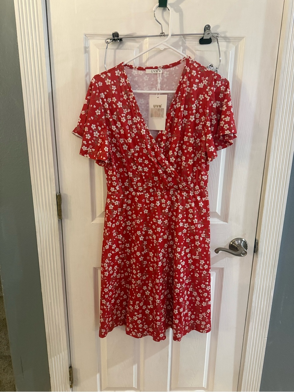 Red Floral Wrap-Style Midi Dress